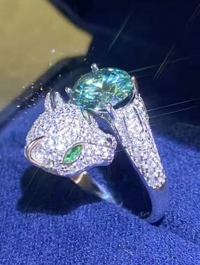 Silver Panther Ring with Green and Blue-Green Stones